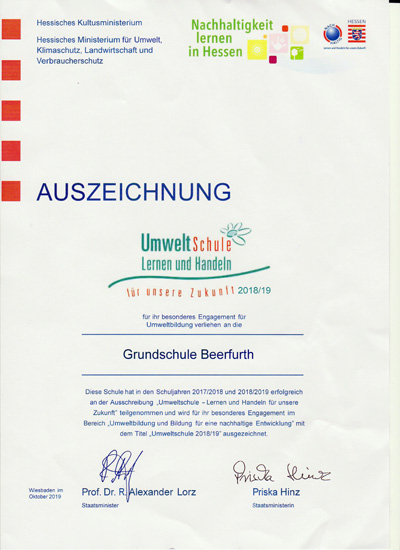 Urkunde Umweltschule 2019
