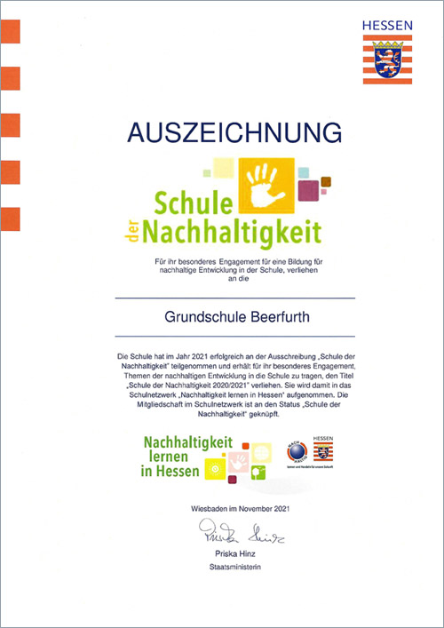 Urkunde 2021 Schule der Nachhaltigkeit