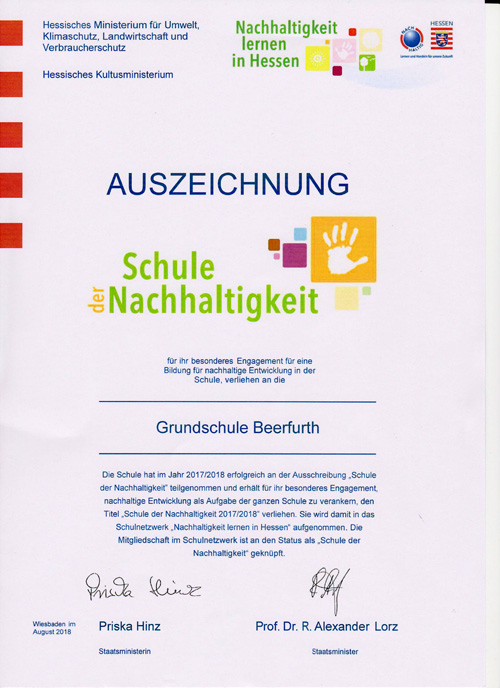 Urkunde Schule der Nachhaltigkeit 2018